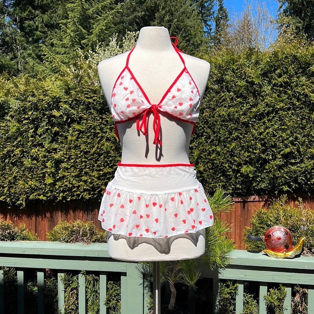 Vintage Mini Rara skirt and bikini top white and red hearts mesh 4XL skirt set